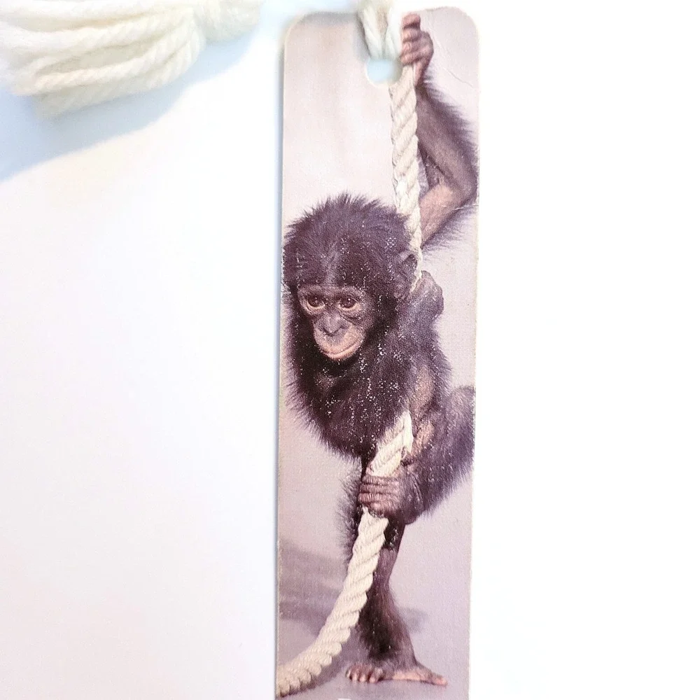 Vintage 80s Chimpanzee Bookmark yarn tassel Monkey, 1987 Antioch Sunshine H-1025